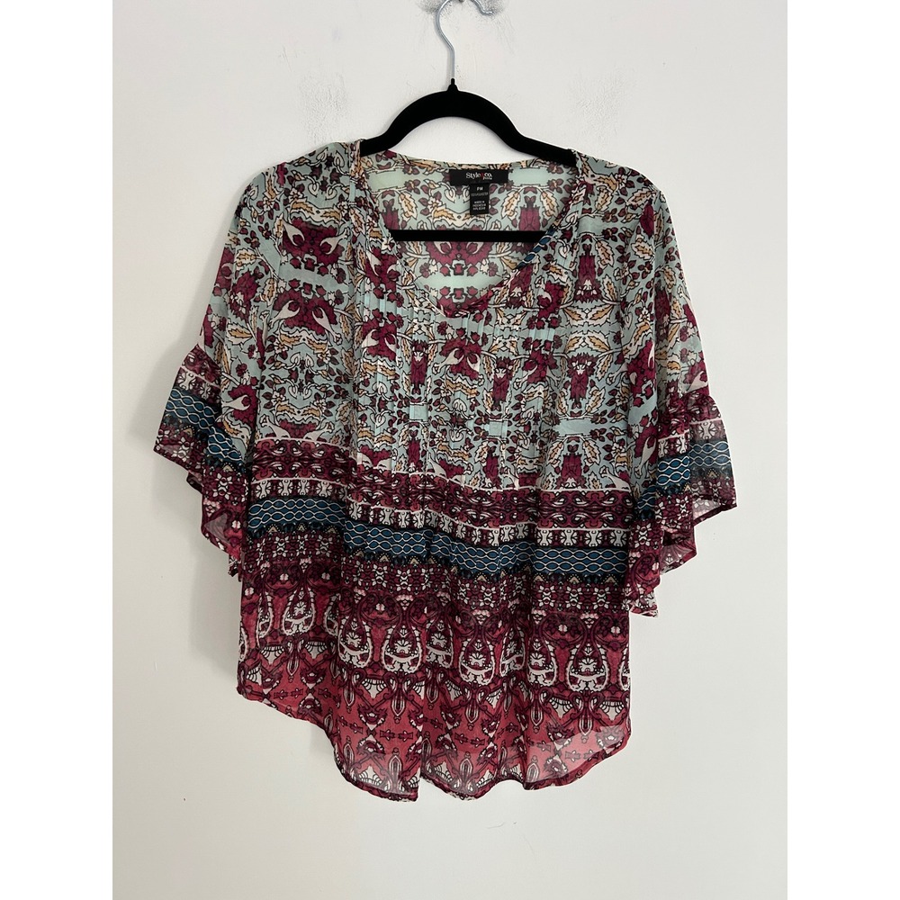 Style‎ & Co Petite PM Boho Paisley Pleated V-Neck Ruffle Sleeve Chiffon Blouse